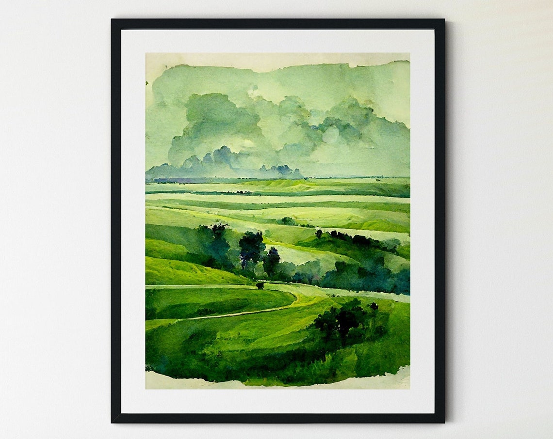Green Rolling Plains Watercolor Pasture Landscape Meadow Poster