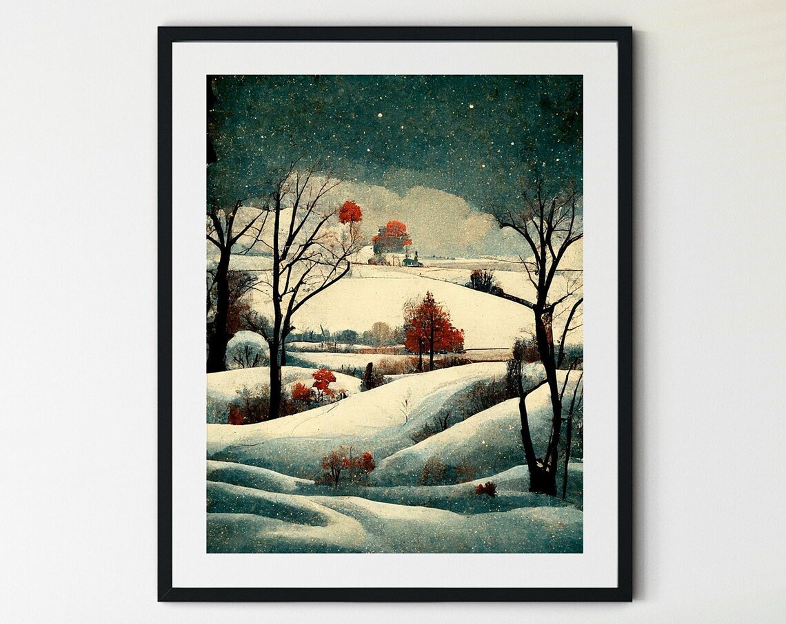 Winter Landscape Watercolor Art Print, Rustic Forest