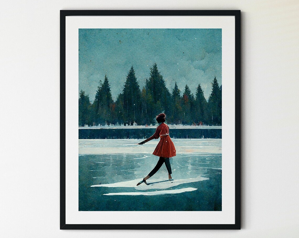Woman Ice Skating Art Print, Winter Holiday Decor
