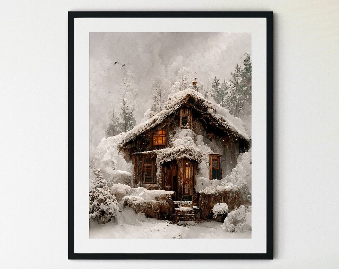 Vintage Cottage Winter Forest Landscape Art Print
