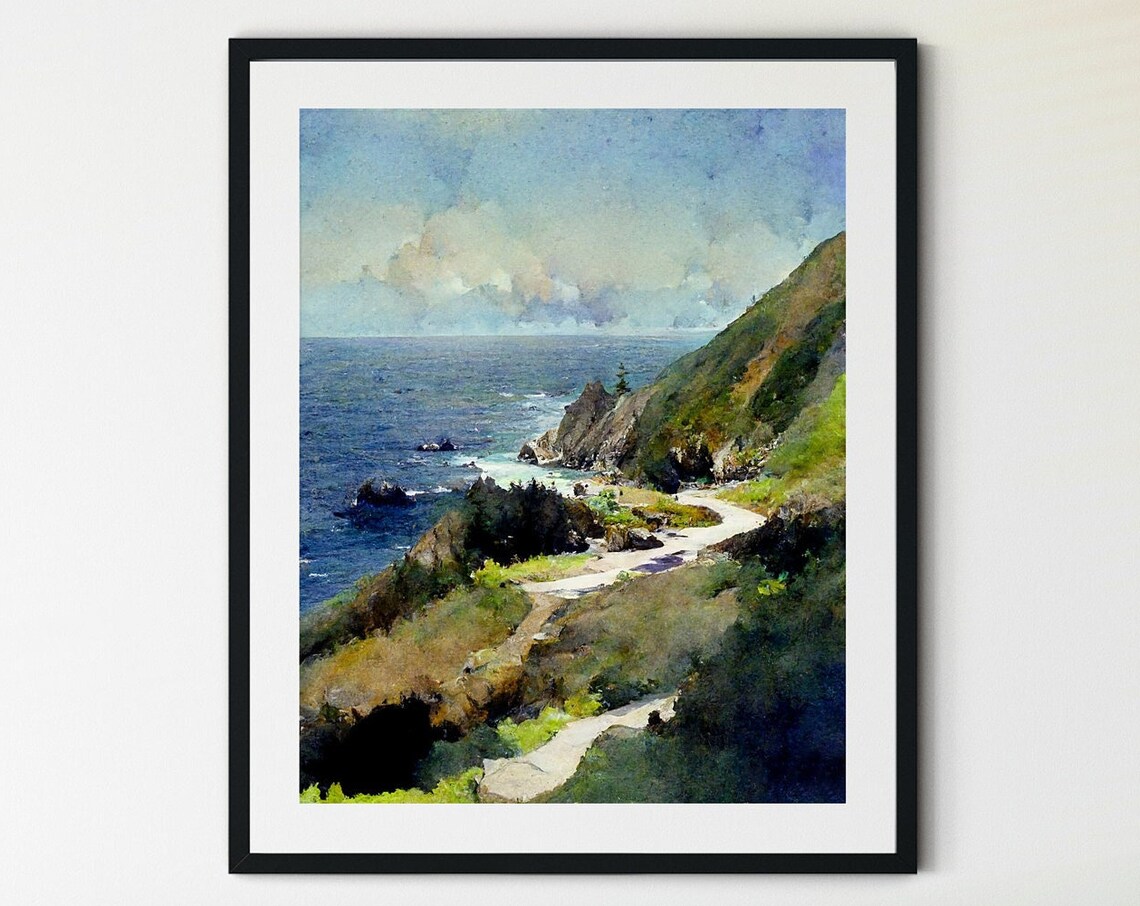 Big Sur Coastline Winding Road Watercolor Rocky Shore Ocean View Print