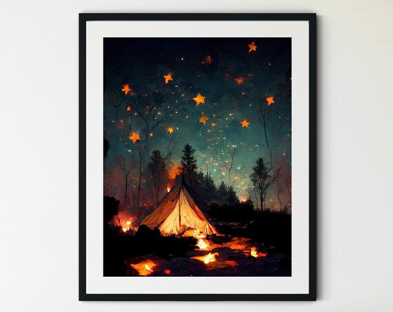 Night Camping Tent Campfire Starry Sky Outdoor Adventure Poster