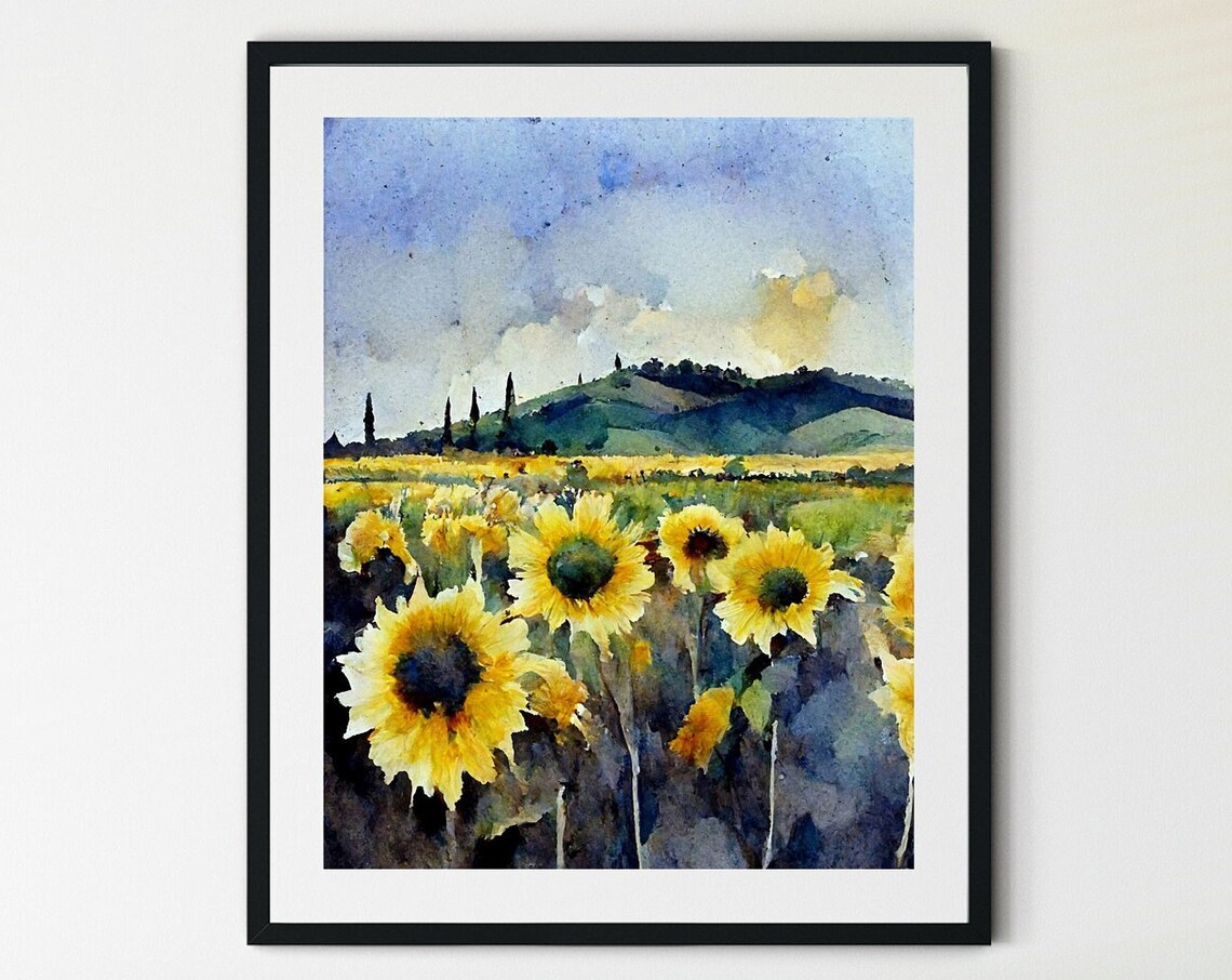 Sunflower Field Watercolor Hills Cypress Summer Floral Poster