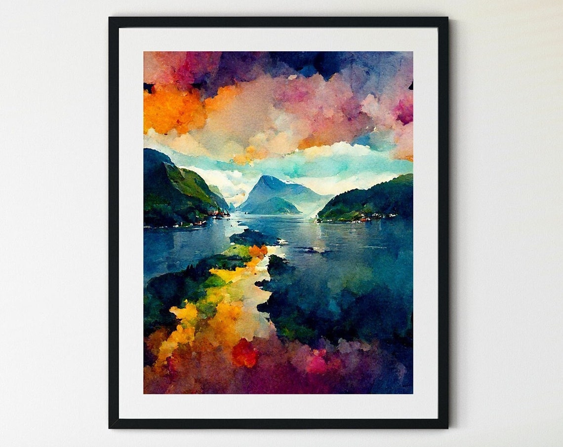 Norwegian Fjord Sunset Reflection Colorful Sky Watercolor Poster
