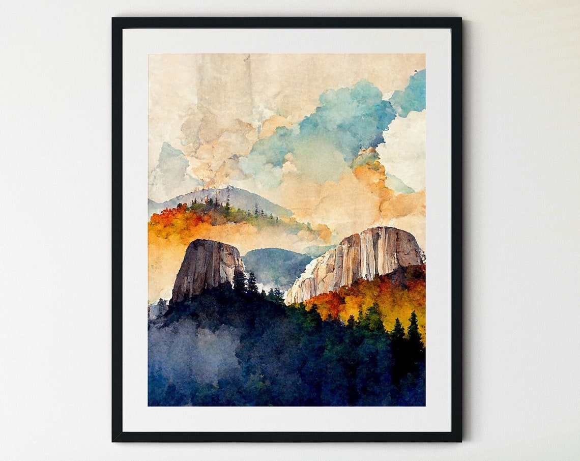 Yosemite Granite Domes Watercolor Print Misty Autumn Peaks Forest Art