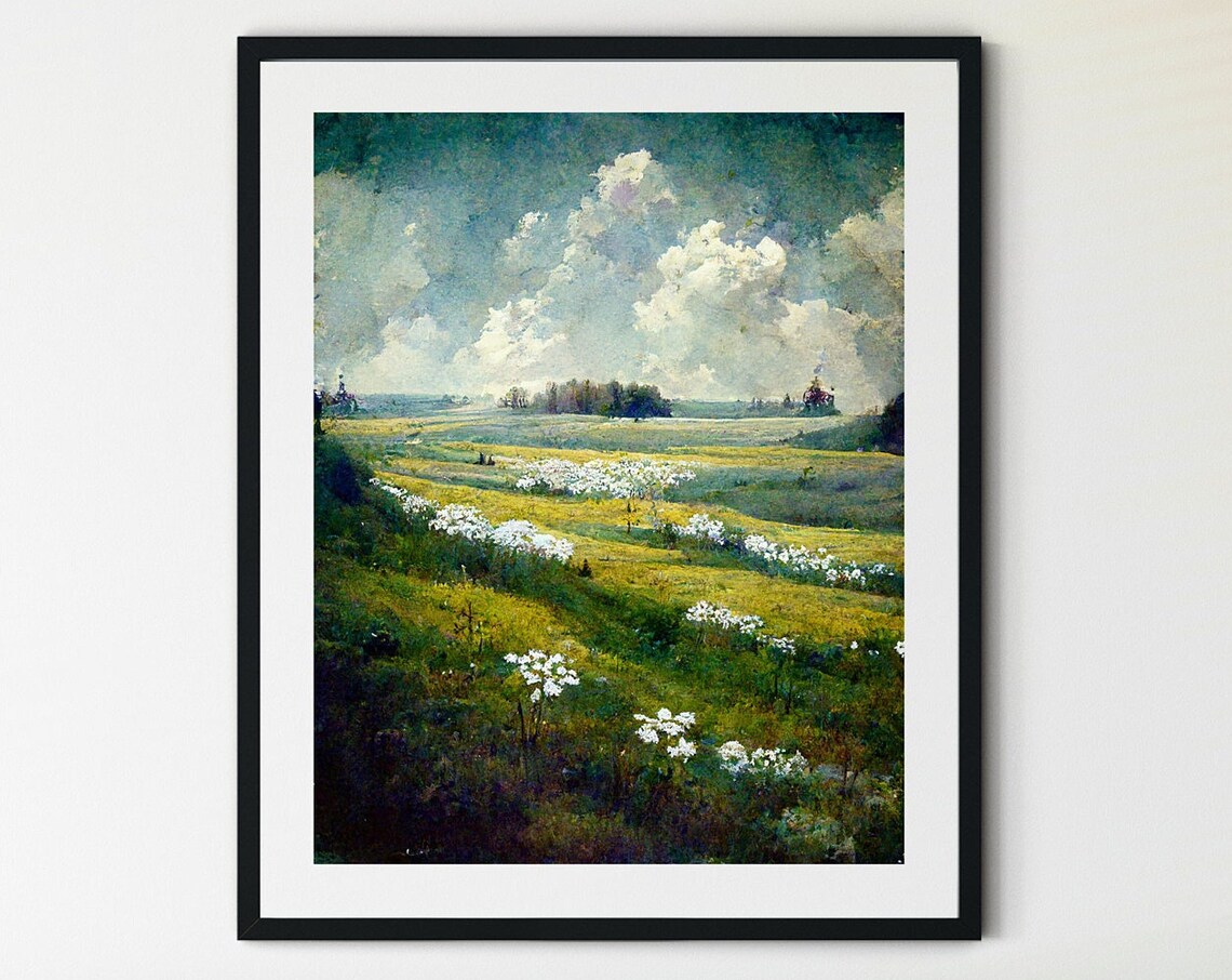 Spring Meadow Landscape Print, Vintage Country Field