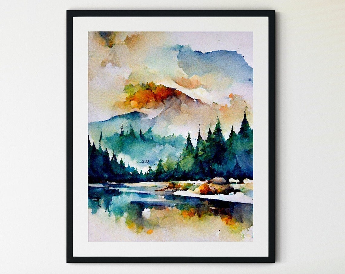 Mountain Lake Pines Watercolor Sunset Scenic Nature View Poster
