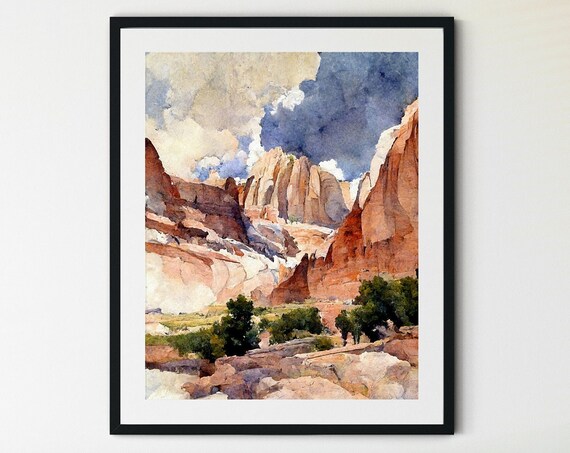 Capitol Reef Watercolor Red Cliffs Dramatic Sky Utah Desert Landscape Print