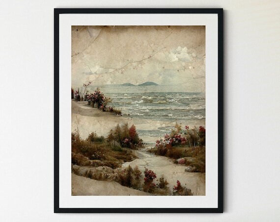 Vintage Coastal Path with Wildflowers and Distant Island Art Poster