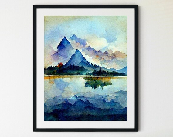 Misty Purple Mountain Peaks Reflected in a Still Lake Watercolor Poster