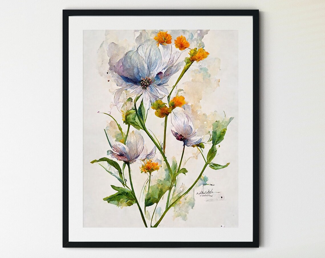 White Wildflowers With Orange Buds Watercolor Floral Art Poster