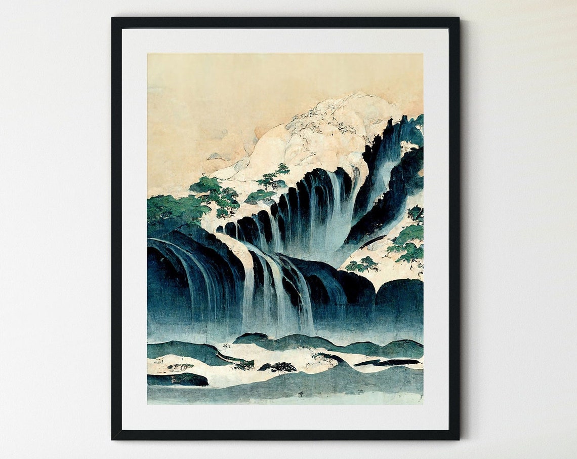 Japanese Style Waterfalls Cascading Over Dark Cliffs Woodblock Poster