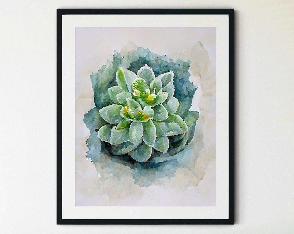 Gray Green Succulent Top View Watercolor Minimal Plant Poster