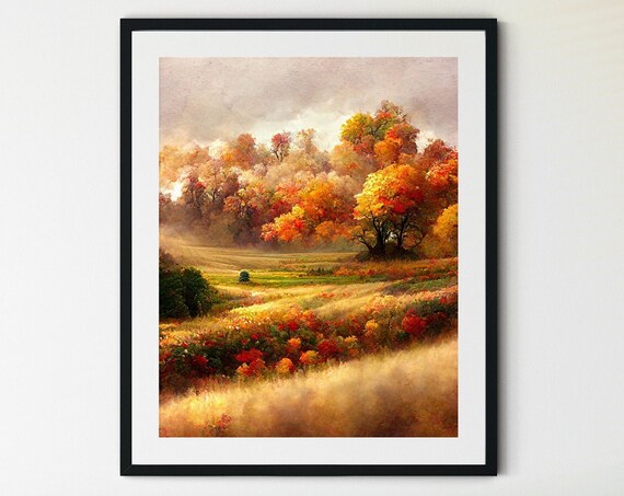 Golden Autumn Meadow Landscape Print Colorful Fall Trees Rolling Hills Art
