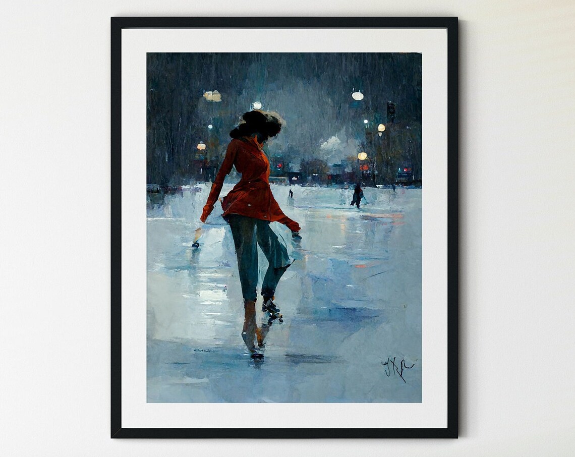 Woman Gliding on a Night Ice Rink Under City Lights Painting Poster