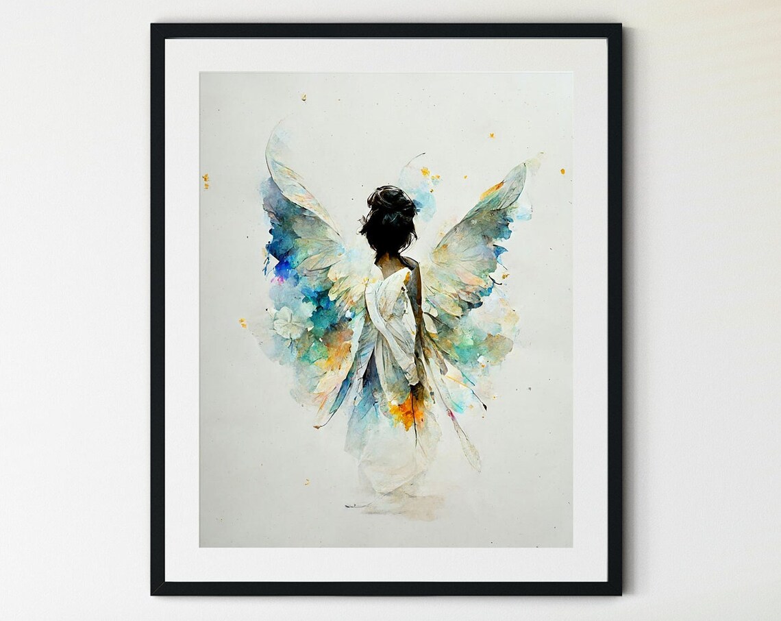 Angel with Watercolor Blue and Gold Wings Seen from Behind Art Poster