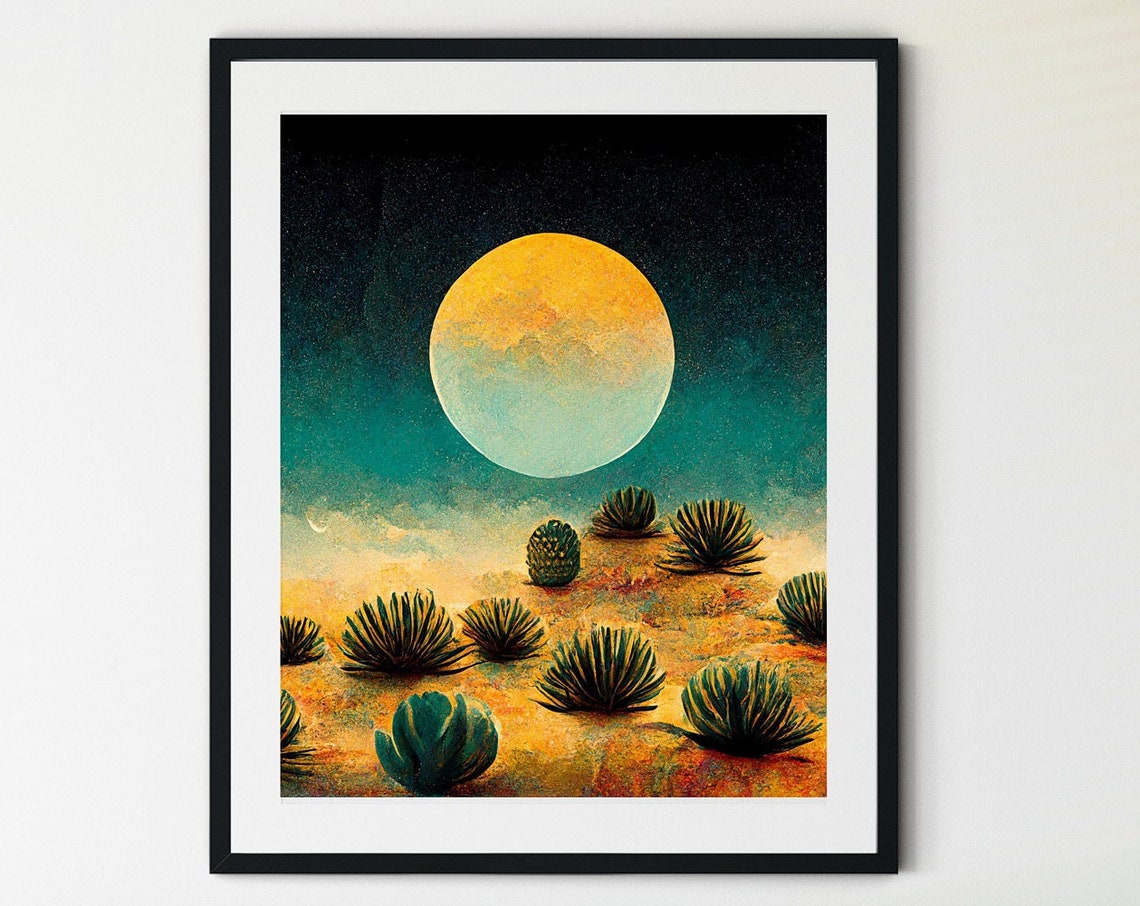 Desert Night Moon Wall Art Giant Yellow Moon Agave Plants Starry Sky