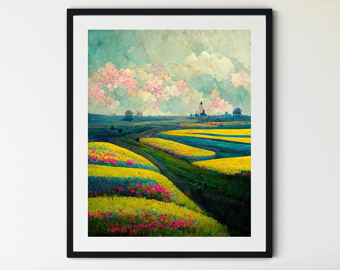 Yellow and Pink Flower Fields Under Blossom Clouds Impressionist Poster