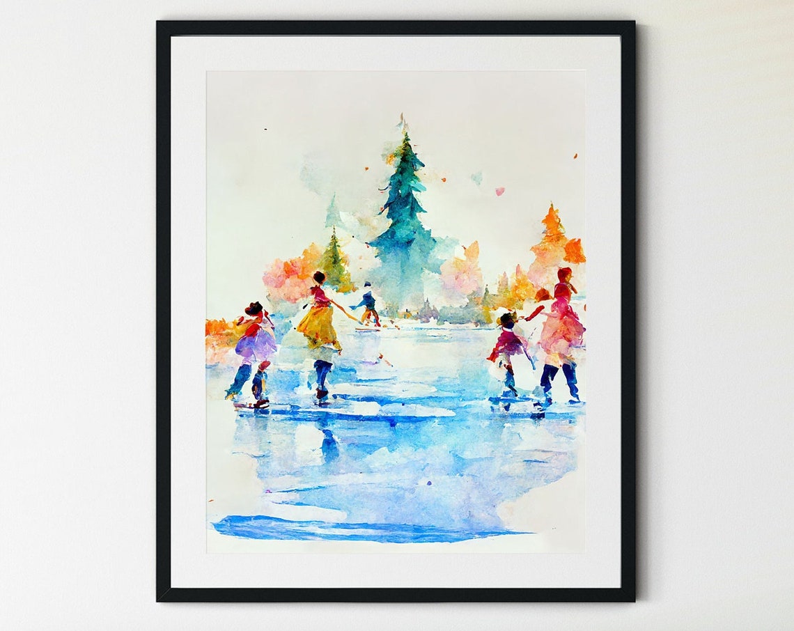 Children Ice Skating on a Frozen Pond by a Christmas Tree Poster