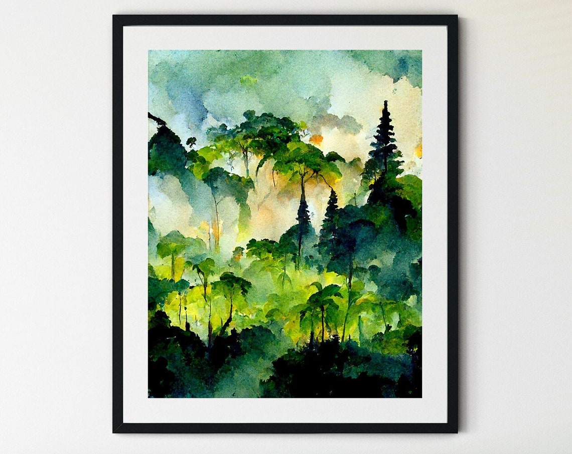 Sunlight Breaking Through a Misty Forest Canopy Watercolor Art Poster