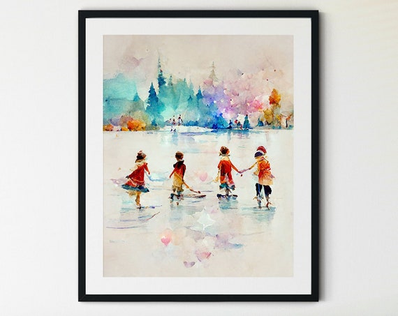 People Ice Skating Christmas Winter Wall Art Print