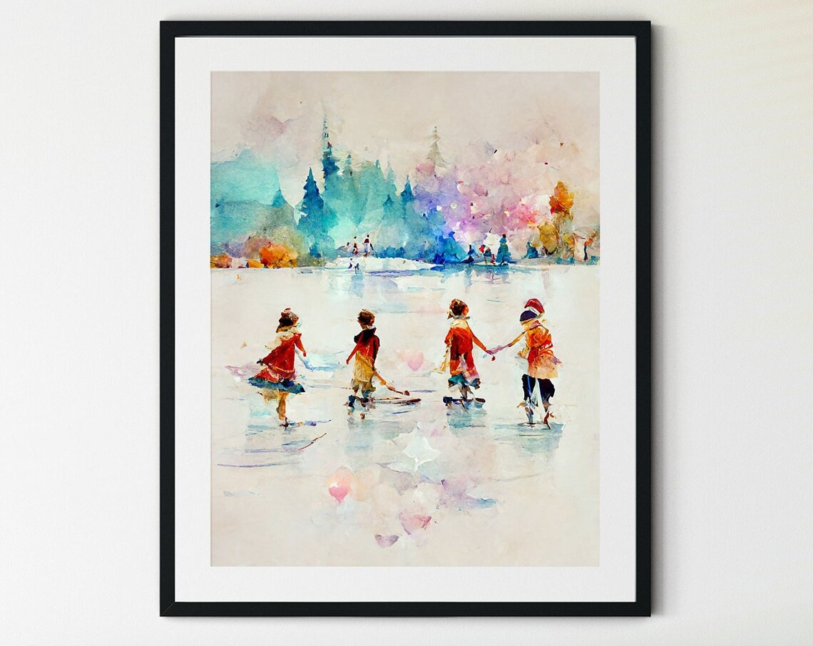 People Ice Skating Christmas Winter Wall Art Print