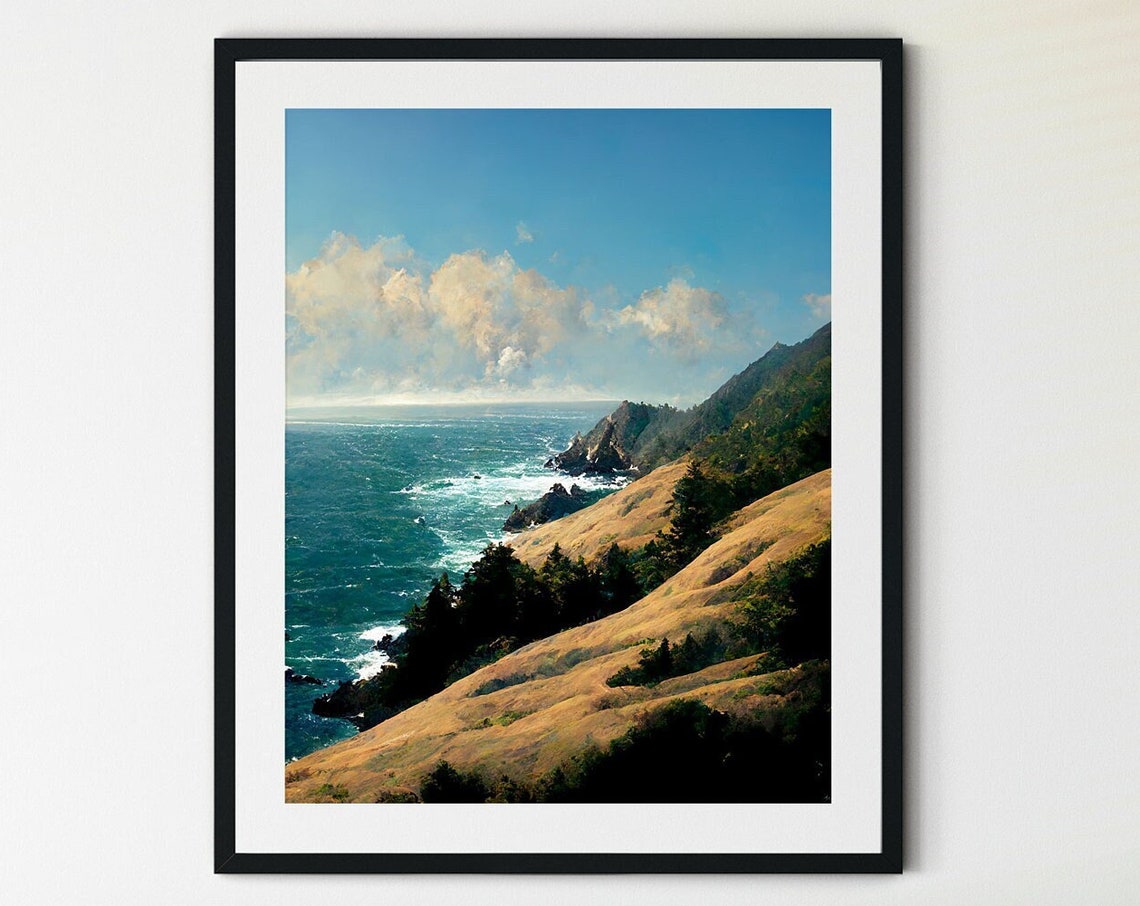 Big Sur Golden Bluffs Pine Trees Blue Ocean Dramatic Coastal Print