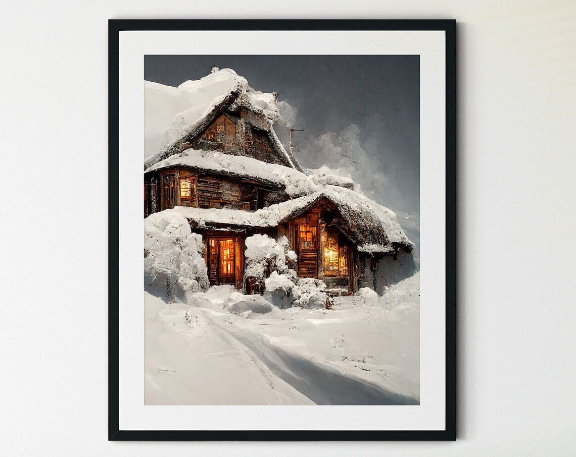 Vintage Cottage Rustic Winter Landscape Art Print