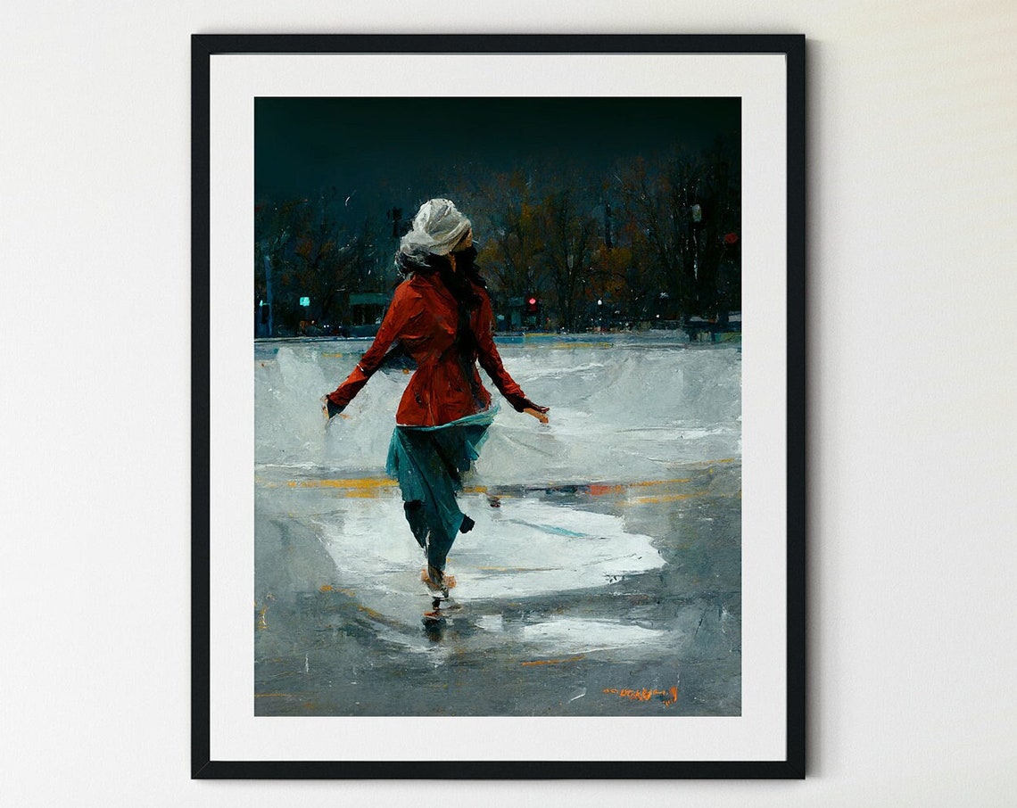 Woman Ice Skating at Night in a Red Coat Painterly Winter Poster