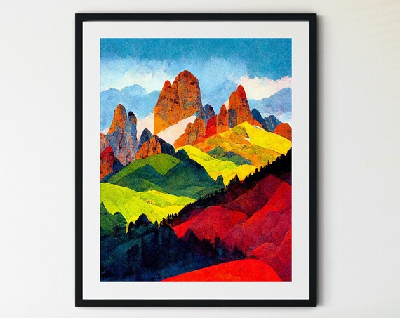 Dolomites Colorful Jagged Mountain Peaks Bold Expressionist Landscape Print
