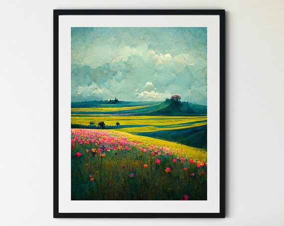 Spring Meadow Painting, Vintage Landscape Print