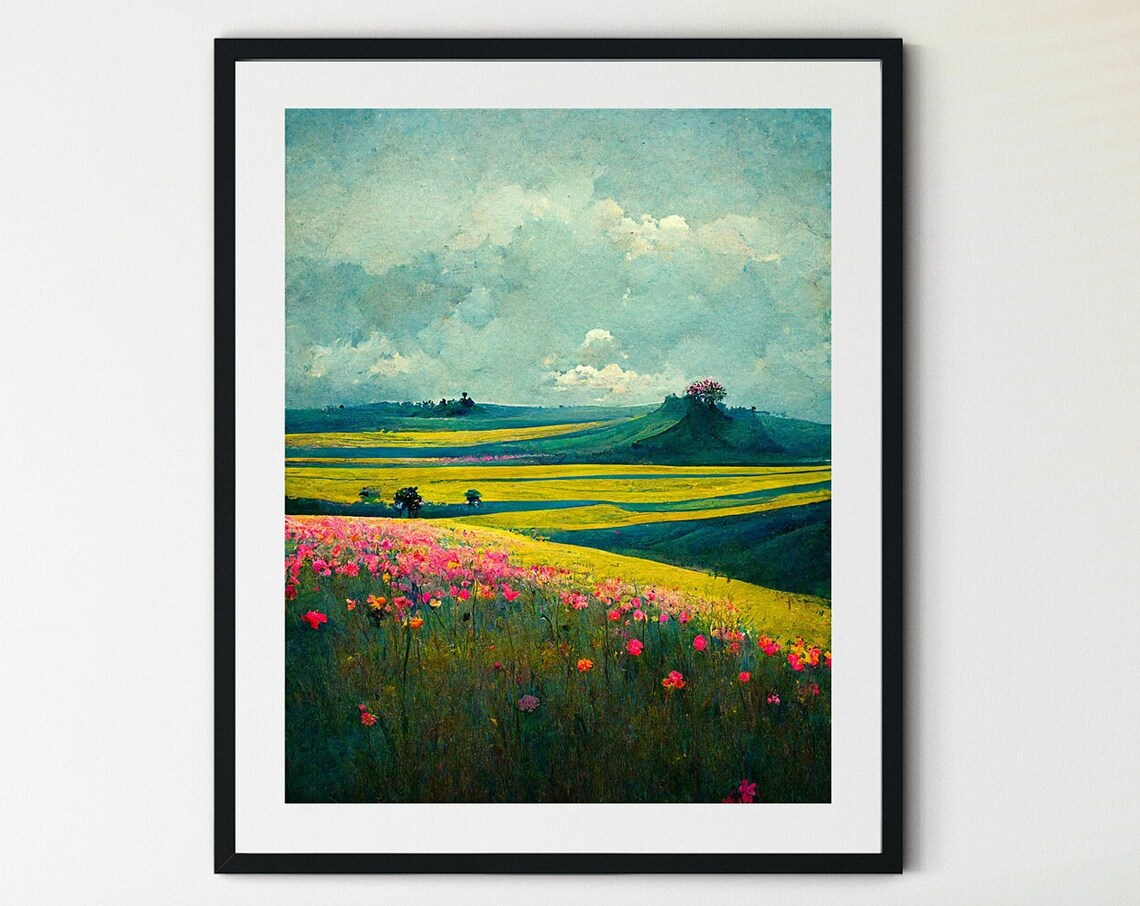 Spring Meadow Painting, Vintage Landscape Print