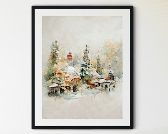 Winter Landscape Watercolor Forest Art Print, Rustic