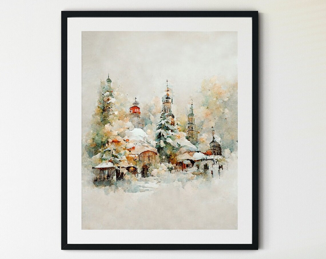 Winter Landscape Watercolor Forest Art Print, Rustic