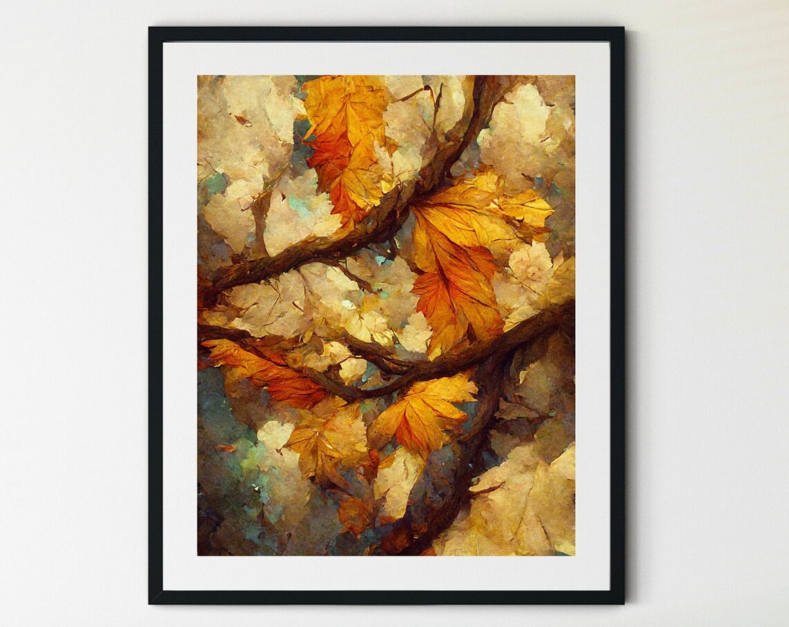 Autumn Maple Leaves Golden Branches Painterly Fall Foliage Close Up Print