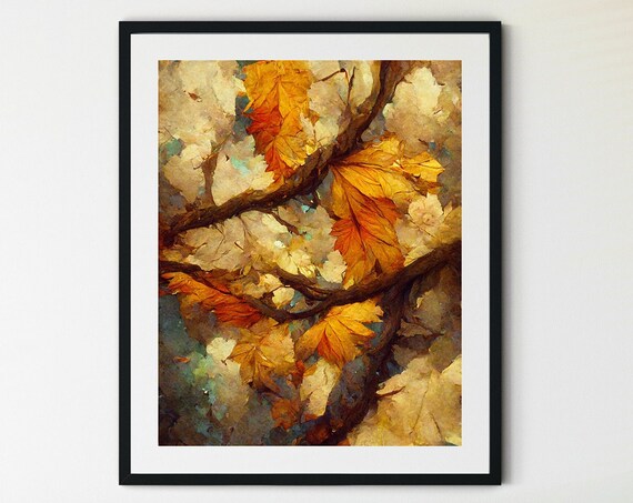Autumn Maple Leaves Golden Branches Painterly Fall Foliage Close Up Print