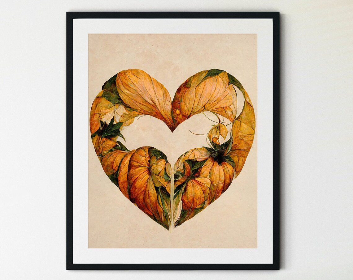 Thanksgiving Leaf Heart Autumn Foliage Golden Fall Seasonal Decor Print