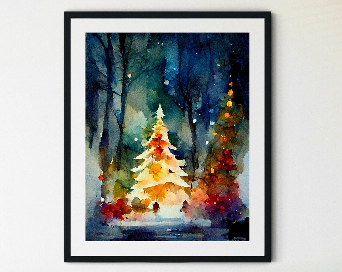 Christmas Trees Art Print, Holiday Watercolor Painting