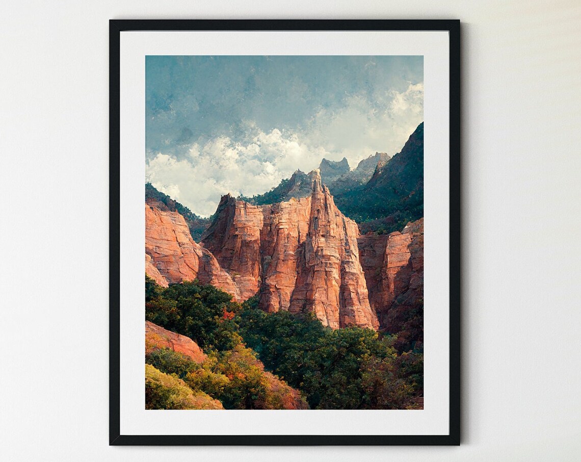 Zion Canyon Red Cliffs Wall Art Towering Sandstone Green Valley View