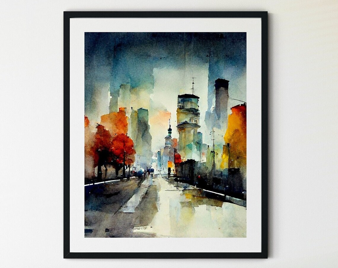 City Street at Night Cityscape Art Print