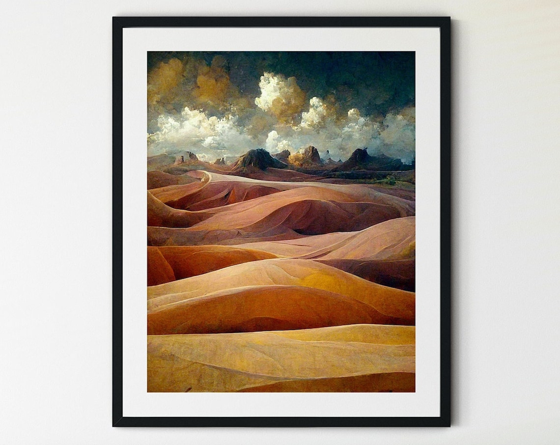 Rose Pink Desert Dunes Dramatic Clouds Desert Landscape Art Poster