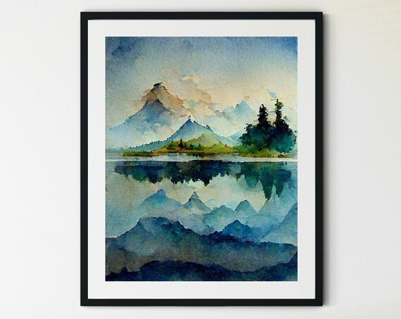 Blue Mountain Peaks and Pines Reflected in a Lake Watercolor Poster
