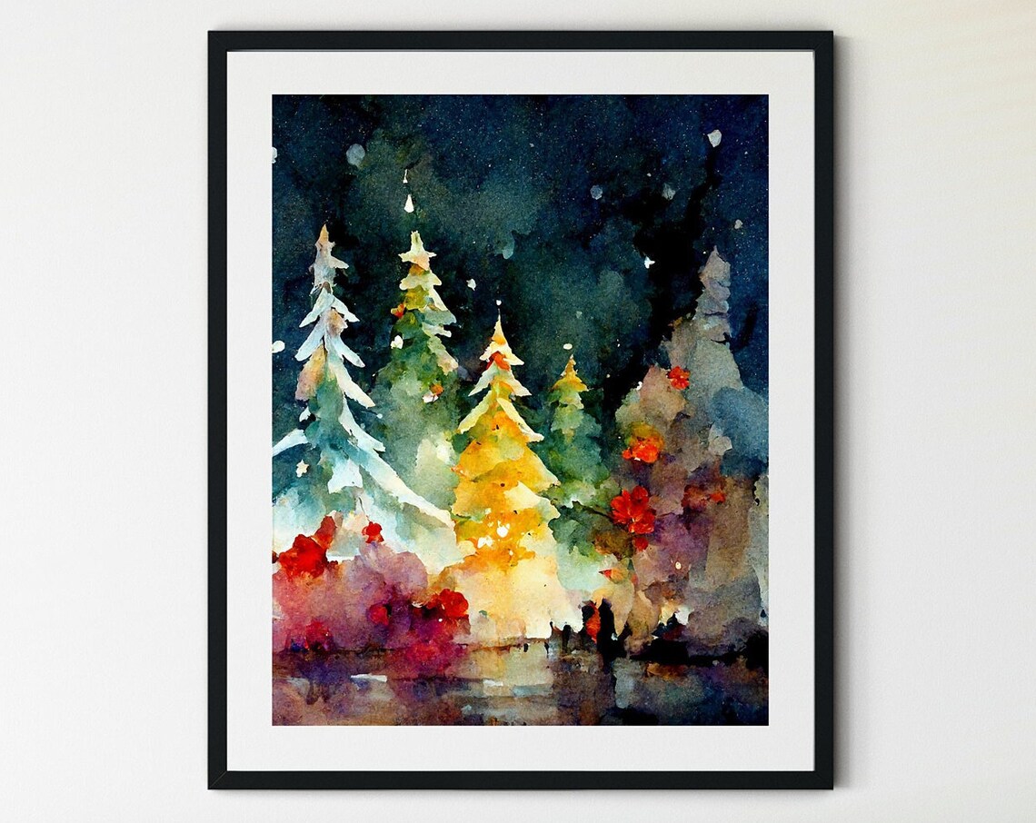 Christmas Trees Holiday Watercolor Landscape Art Print