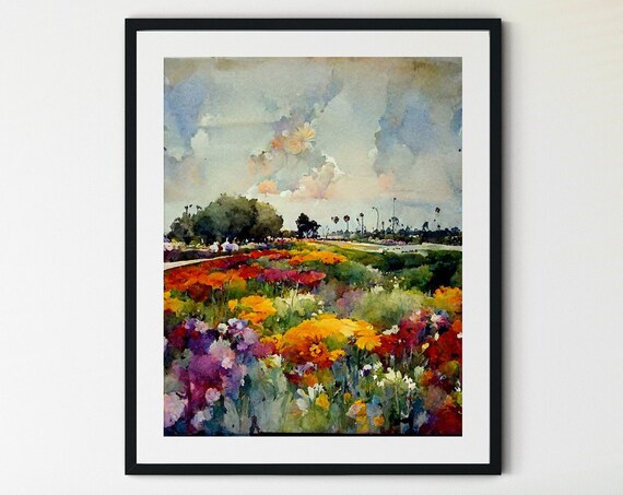 Colorful Wildflower Meadow Palm Trees Watercolor Spring Poster