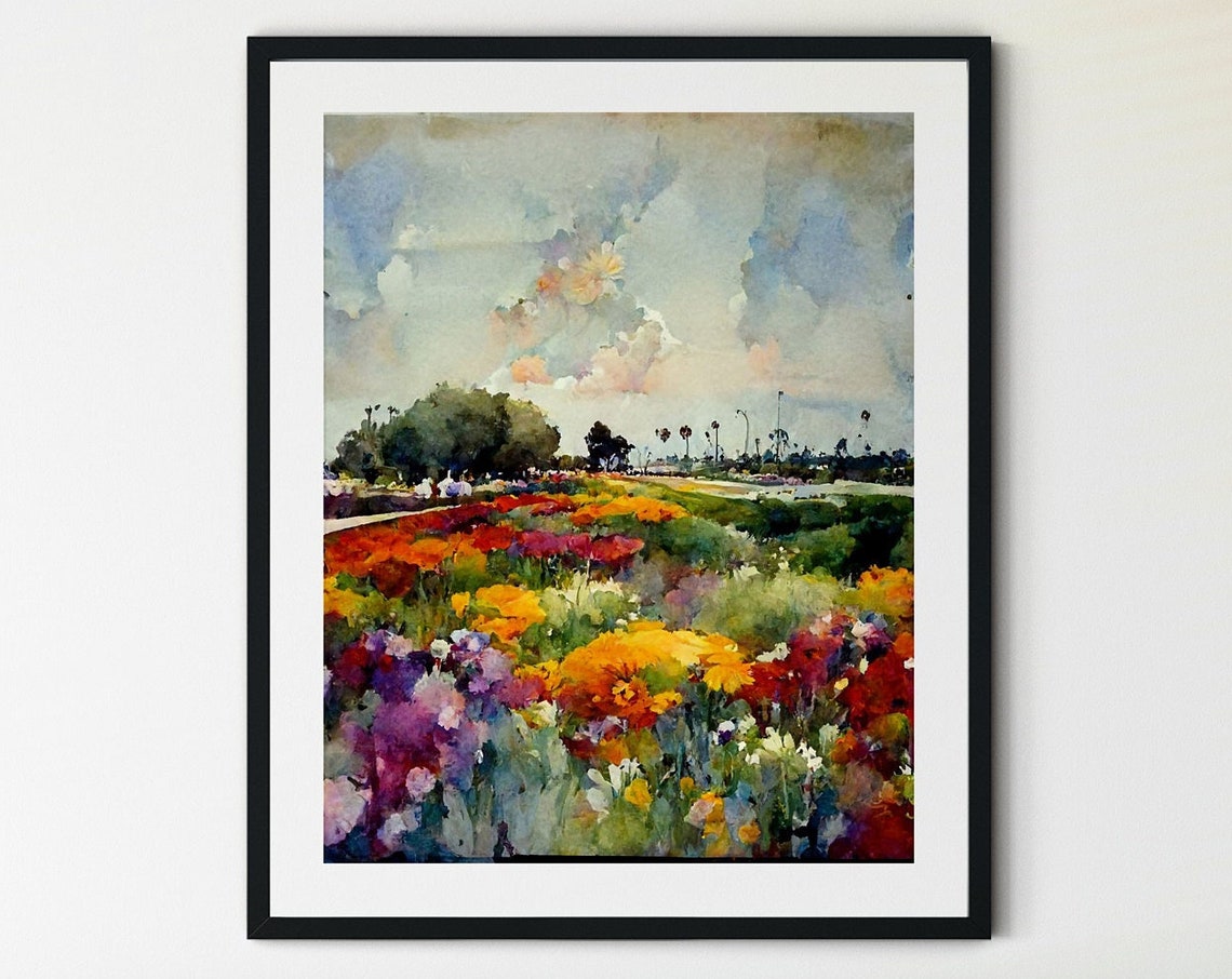 Colorful Wildflower Meadow Palm Trees Watercolor Spring Poster