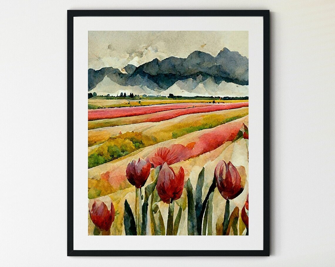 Tulip Print, Vintage Spring Meadow Landscape Art Print