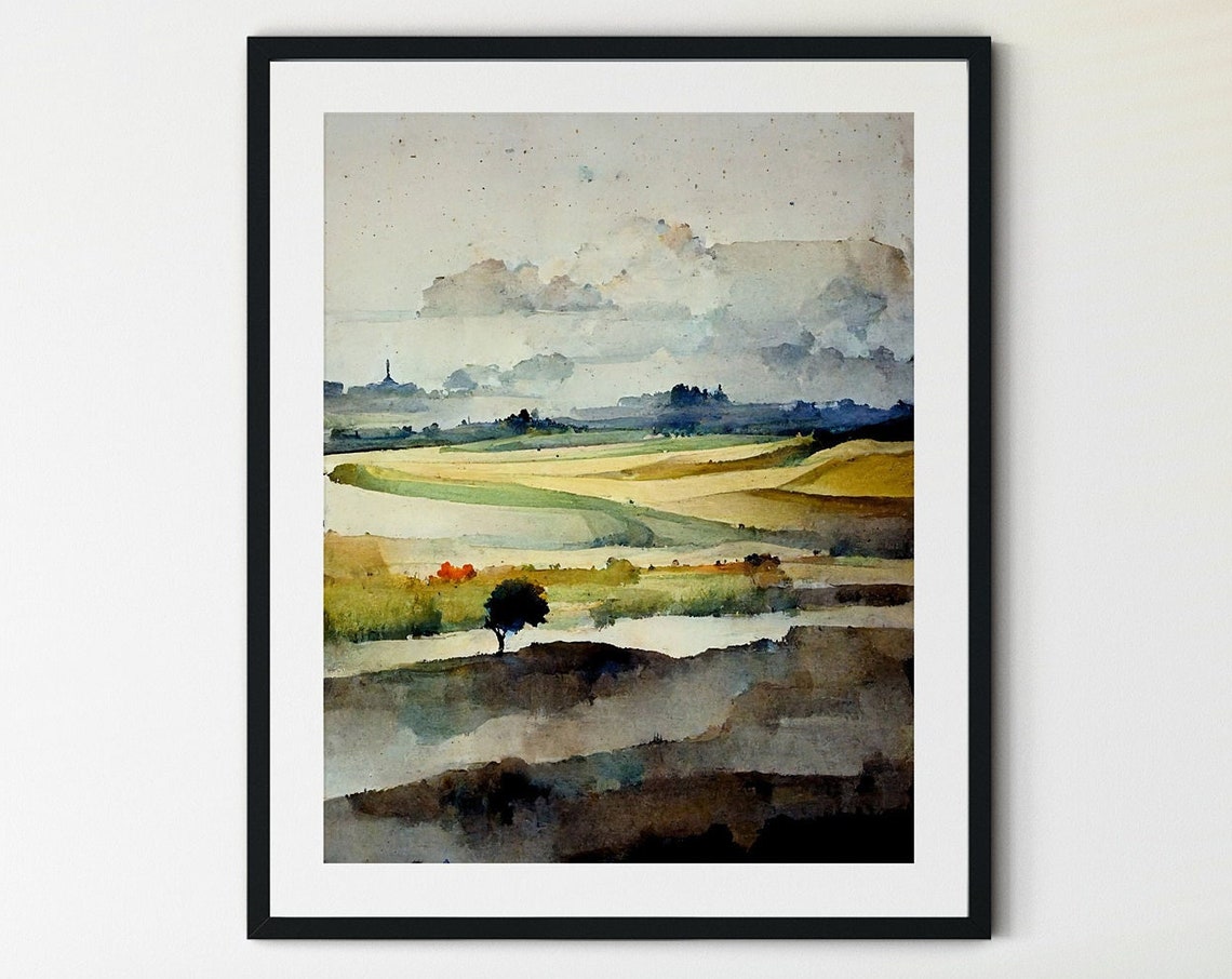 Quiet Fields Lone Tree Muted Sky Watercolor Landscape Poster