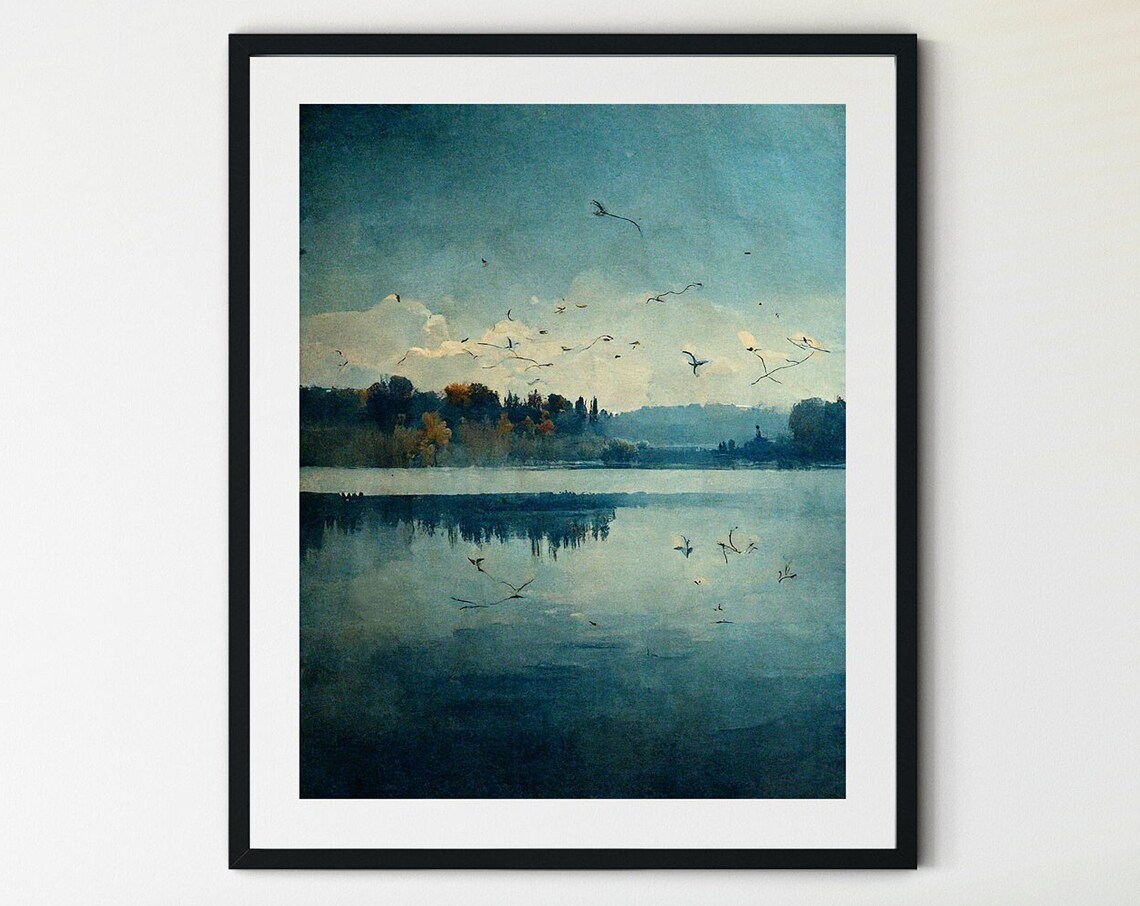 Birds Over Calm Blue Lake Watercolor Tranquil Nature Scene Poster