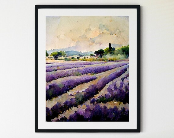 Sunlit Rows of Purple Lavender Flowers Watercolor Countryside Poster