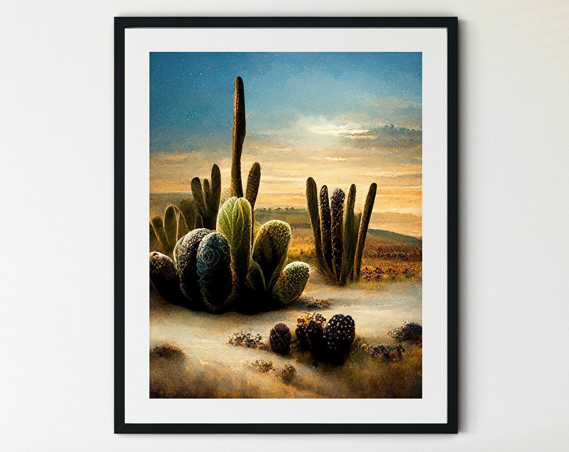 Western Desert Cacti Sunset Wall Art Prickly Pear Golden Sky Landscape